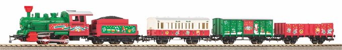 Starter Set Christmal Steam loco+ 3 Coaches, PIKO A-Track w. Railbed