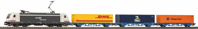 Start-Set mit Bettung TRAXX RENFE mit 3 Containertragwagen